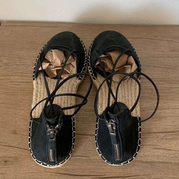 Eileen Fisher Flats Lace Leather Espadrille Closed Toe Strappy Black 8 US Jute - Picture 8 of 12